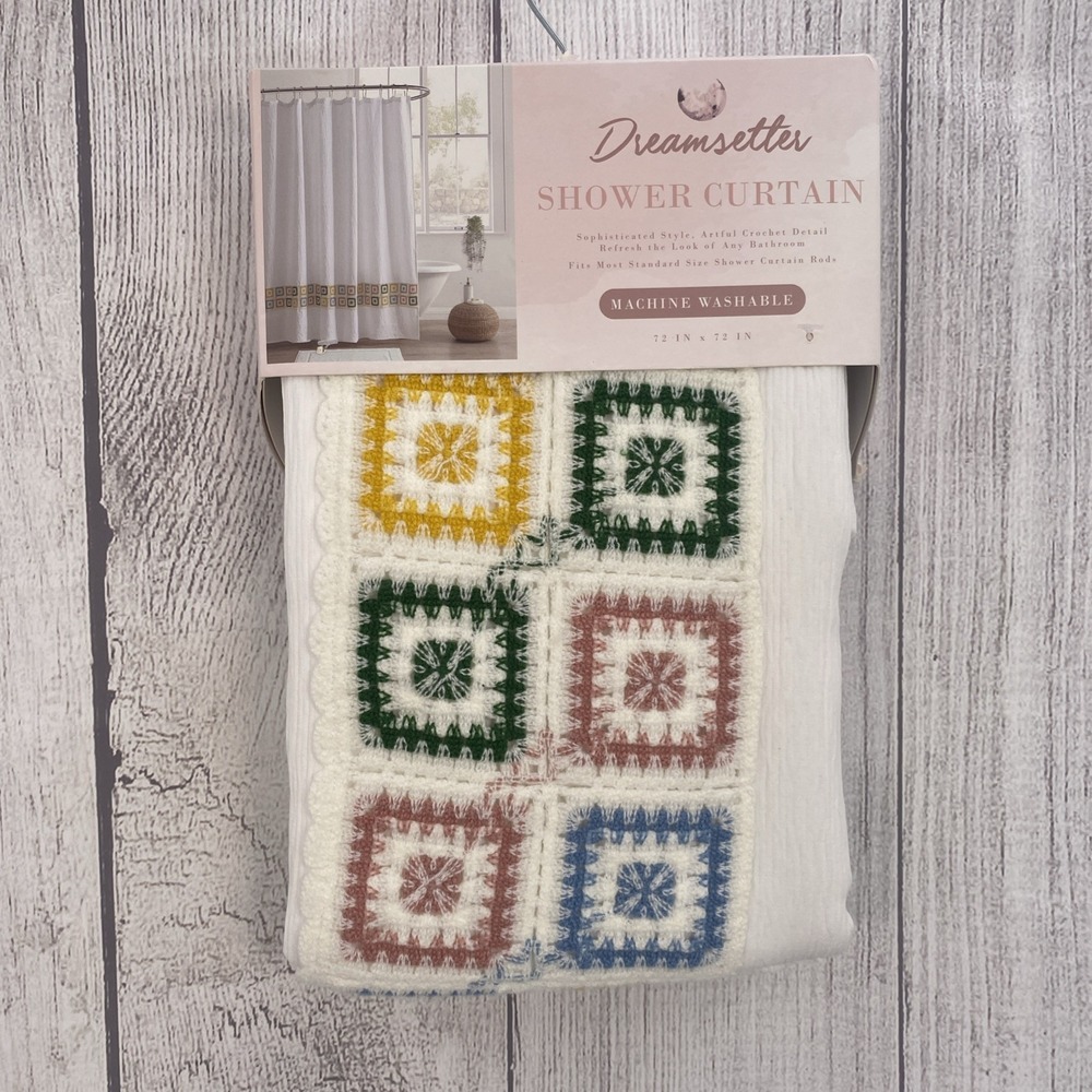 Dreamsetter Shower Curtain White Gauze Crochet Granny Square Quilt Hem Boho